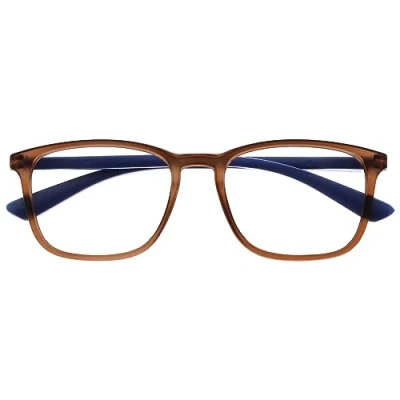 Abbildung von OPULIZE Max Lesebrille Klassische große rechteckige Fassung Brille in Mattbraun mit marineblauen Bügeln Herren Damen Unisex R78 2 +2,50