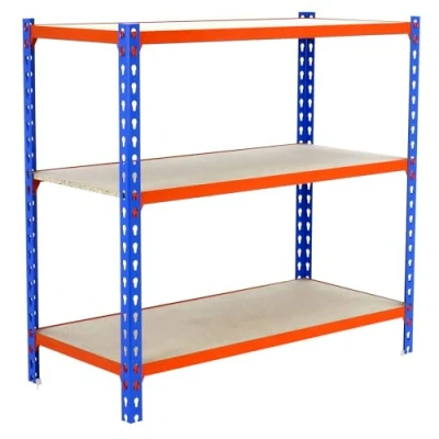 Abbildung von Simonrack Schwerlastregal, Lagerregal, 90x90x40 cm, Metallregal, Kellerregal, Biegestelle 150 kg, 3 Holzfachböden, Blau/Orange/Holz Maderclick