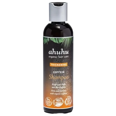 Abbildung von ahuhu THICKENING Coffein Shampoo (200ml) Bio Koffein für dickeres &amp; kräftiges Haar, belebt die Kopfhaut aktiviert Haarwurzeln, Flasche aus 100% recyceltem Plastik, vegan