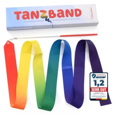 Abbildung von Kleintober I Premium Gymnastikband mit Stab Kinder Regenbogen Band Gymnastik Tanzband Bilderanleitung für Übungen optimales Geschenk Mädchen Mitgebsel Kindergeburtstag