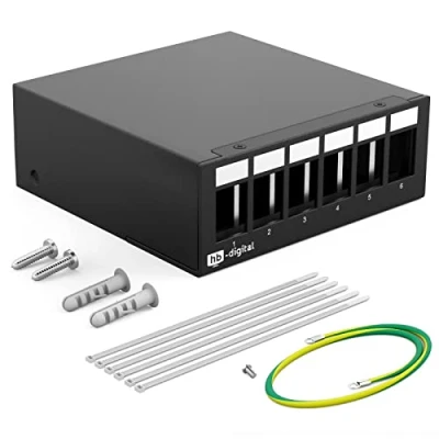 Abbildung von hb digital 6 Port Patchpanel Gehäuse für Keystone Module mit z.B. RJ45 Buchse RJ11 Socket Antennenstecker F Verbinder USB C A BF/AF HDMI Polklemme Gewindebuchse BNZ Schwarz