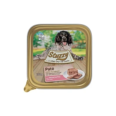 Abbildung von Stuzzy Mister, Nassfutter für Erwachsene Hunde, Geschmack Schinken, Pastete und Fleisch in Stücken, insgesamt 3,3 kg (22 Becher x 150 g)