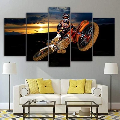 Abbildung von Wohnzimmer Wandkunst Home Decoration Bilder HD gedruckt 5 Panel Action Motocross Moderne Malerei auf Leinwand Poster + Sky Sunset Motorrad