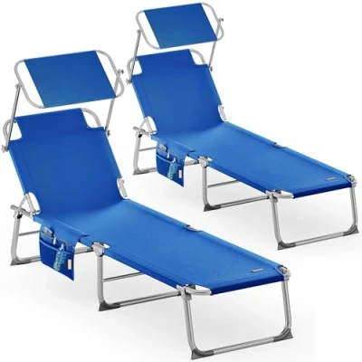 Abbildung von Casaria® Sonnenliege Ibiza 2er Set Klappbar Wetterfest 150kg Belastbar 190x59cm Garten Outdoor Gartenliege Liegestuhl Klappliege mit Dach Alu Blau