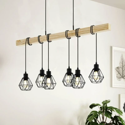 Abbildung von EGLO Pendellampe Townshend 5, 6 flammige Vintage Pendelleuchte im Industrial Design, Retro Hängelampe aus Stahl und Holz, Farbe Schwarz, braun, FSC zertifiziert, E27