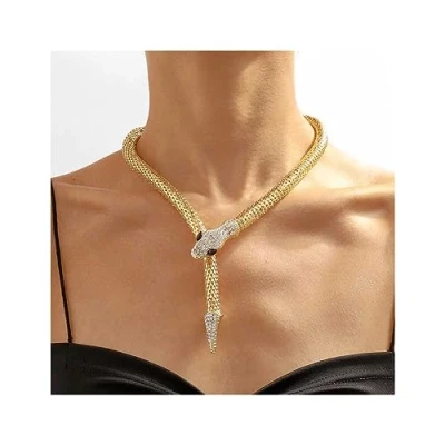Abbildung von Cubahop Schlange Anhänger Choker Halsketten Armbänder Set Strass Halskette Hand Kette Schmuck für Frauen und Mädchen (Gold Halskette)