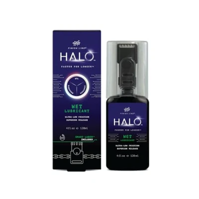 Abbildung von Finish Line HALO Wet Lube, Premium Fahrrad Kettenfett, 120ml Flasche Applikator &amp; Ersatzpads, Schmierfett flüssig Allwetter für Fahrradkette, Kettenöl Antihaftbeschichtung, Bike ebike Zubehör Kette