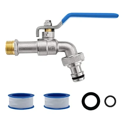 Abbildung von AIMEKE Premium 1/2 Zoll Wasserhahn Garten Messing Kugelhahn Aussen Frostsicher Auslaufhahn mit 1 Schlauchanschlüsse + 2 Trommeldichtband für Waschmaschine Regentonne