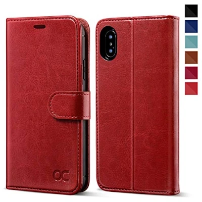 Abbildung von OCASE iPhone XS Hülle X 10 Handyhülle [Premium Leder] [Standfunktion] [Kartenfach] Schlanke Leder Brieftasche Kompatibel für X/XS Rot
