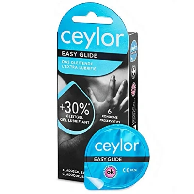 Abbildung von Ceylor Kondome Easy Glide (extra feuchte mit 30% mehr Gleitmittel) Packung mit, 6 St., gefühlsintensive Kondome, Premium Qualität aus der Schweiz, im hygienischen &quot;Dösli&quot;, einfach zu öffnen, schnelleres Überziehen