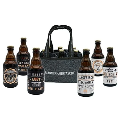 Abbildung von Jack&#039;s Männerhandtasche Angler/gefüllt mit 6 Bierflaschen/witzige Sprüche zum Thema Angeln/Herrengeschenk/Partygeschenk/Sixpack/für echte Männer/Fischer