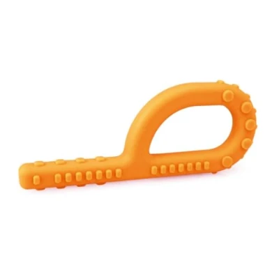 Abbildung von ARK® Grabber Standard in glatt oder texturiert mit einfacher Handhabung für Kinder durch Schlaufenform inkl. ATC Pflegeanleitung Kiefermotorik, Beißblock, Kauen, Zahnen (fest orange, texturiert)