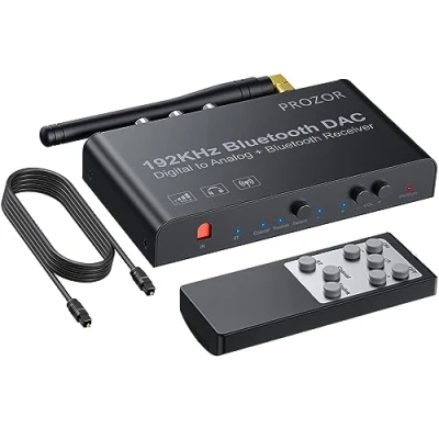 Abbildung von PROZOR DAC Konverter 192kHz Eingebauter Bluetooth V5.0 Empfänger Digital zu Analog Stereo L/R RCA 3.5mm Audio mit IR Fernbedienung Unterstützt Mute/Lautstärkeregelung/Power ON oder Off