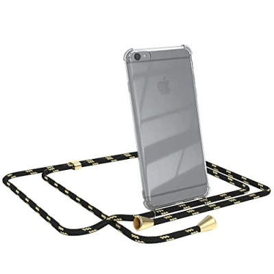 Abbildung von EAZY CASE Handykette kompatibel mit iPhone 6 / 6S Handyhülle Umhängeband, Handykordel Schutzhülle, Silikonhülle, Hülle Band, Stylische Kette für Smartphone, Schwarz/Gold