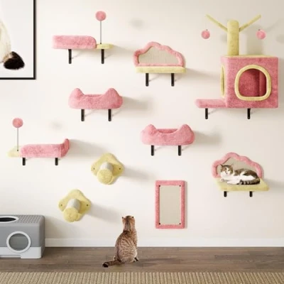 Abbildung von YITAHOME Kletterwand Katzen Set aus Flanell, 10 Teiliges Stabiler Katzenmöbel mit Katzenhaus, Katzenbett, Katzenkratzbrett, Sisalsäule, Katzenspielzeug, für Katze Schlafen Spielen Lounging