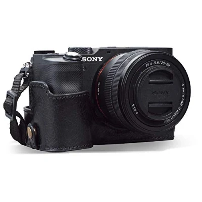 Abbildung von MegaGear MG1954 Ever Ready Echtleder Kamera Halbtasche mit Trageriemen kompatibel Sony Alpha 7C Schwarz