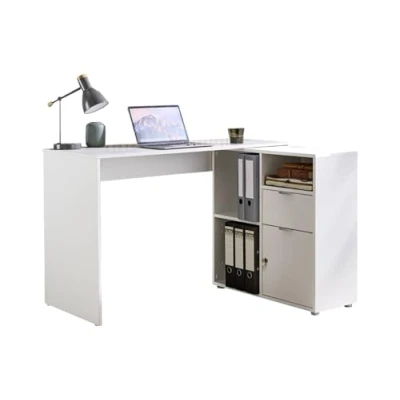 Abbildung von moebel dich auf Eckschreibtisch LUIZ Schreibtisch Winkelschreibtisch inkl. Regal spiegelverkehrt montierbar 110 cm breit (weiß)