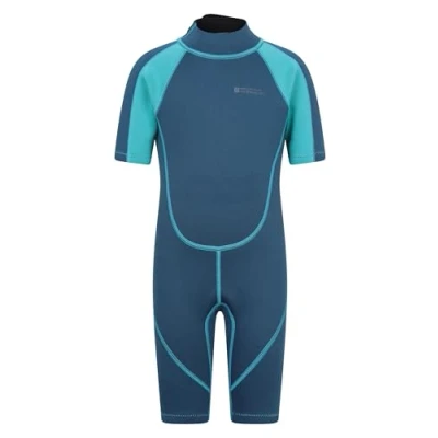 Abbildung von Mountain Warehouse Shorty Neoprenanzug Junior für Kinder 2,5 mm, Schwimmanzug Jungen und Mädchen, Flatlock Nähte, Wetsuit, Verstellbarer Hals, zum Surfen Blaugrün 13 Jahre