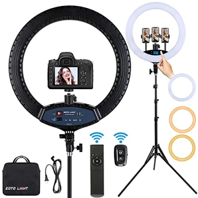 Abbildung von LED Ringlicht mit Stativständer, Selfie Ringlicht, 48,3 cm, LCD Display, Touchscreen, dimmbares Licht für Make up, Studio, Porträt, Vlog, Videoaufnahmen, Tragetasche und Fernbedienung, CRI&gt;97