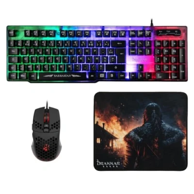 Abbildung von Konix Drakkar Barbarian Gaming Zubehörpaket für PC AZERTY Tastatur mit LED Hintergrundbeleuchtung Kabelgebundene Maus 102 g Viking Mauspad