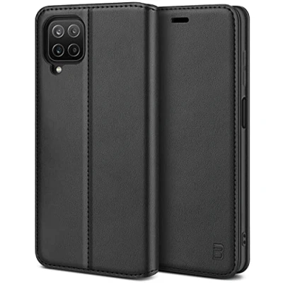 Abbildung von BEZ Samsung Galaxy A12 Hülle, Premium Tasche Kompatibel für / M12, Schutzhüllen aus Klappetui mit Kreditkartenhaltern, Ständer, Magnetverschluss, Schwarz