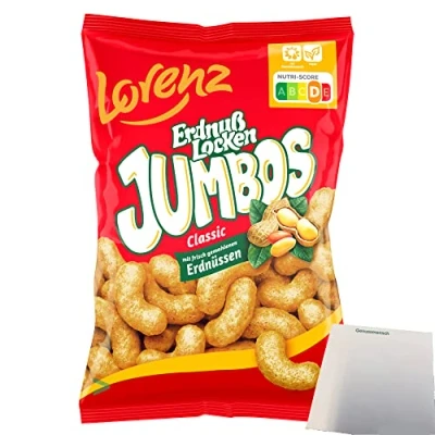Abbildung von Lorenz Erdnuß Locken Jumbos Classic XXL Erdnussflips Mais Snack Erdnuss Genuss (150g Packung) + usy Block