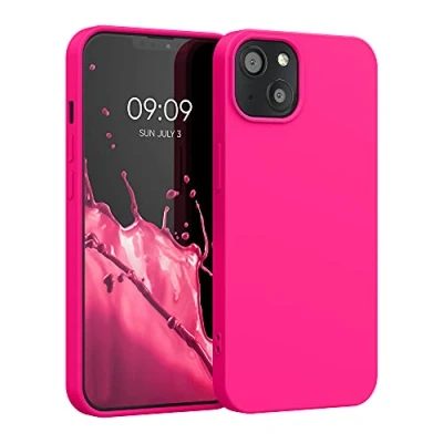 Abbildung von kwmobile Hülle kompatibel mit Apple iPhone 13 gummierte TPU Silikon Handyhülle Schutzhülle für kabelloses Laden Case in Neon Pink
