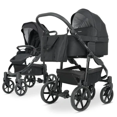 Abbildung von my junior® MIYO² 2in1 Kinderwagen verstellbare Allrad Federung Integrierte Reflektoren 360 unplattbare Luftkammerreifen Babywanne klappbar, ventiliert, Wippfunktion All Black