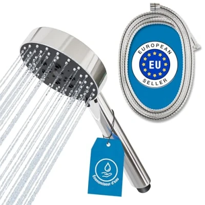 Abbildung von ATHLON TOOLS Duschkopf wassersparend 5 Strahlarten Duschbrause Ø 105 mm Handbrause rund (Chromfarben, [inkl. Schlauch])