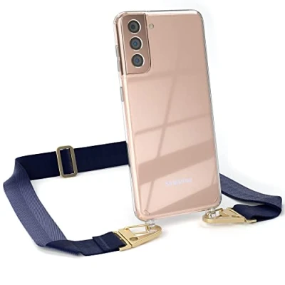 Abbildung von EAZY CASE Hülle mit Band kompatibel Samsung Galaxy S21 Plus 5G Handyhülle Umhängeband für S21+ Silikonhülle Transparent Schutzhülle Handykette zum Umhängen Handykordel in Blau Gold