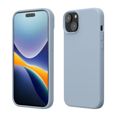 Abbildung von kwmobile Hülle für das iPhone 15 Silikon Handy Case stoßfeste Handyhülle mit weicher Oberfläche Hellblau matt