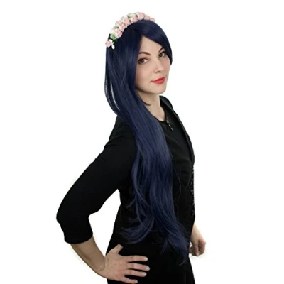Abbildung von Prettyland Damen 80cm lange Perücke Dunkel Blau Glatt voluminös Manga Anime Wig C617