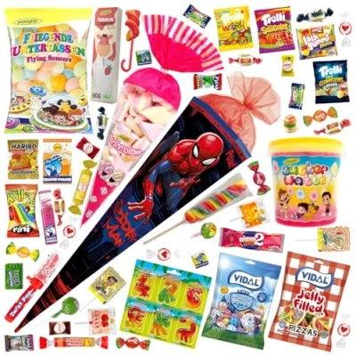 Abbildung von OYOY 85cm Schultüte gefüllt mit Süßigkeiten Mix I 6 eckige ROTH Spiderman Einschulung Geschenk fertig groß