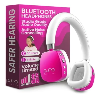 Abbildung von Puro Sound Labs PuroQuiet Plus Lautstärkebegrenzte On Ear Active Noise Cancelling Bluetooth Kopfhörer Leichte für Kinder mit eingebautem Mikrofon Sicherer (Pink)