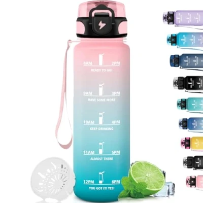 Abbildung von Grsta Trinkflasche 1L, Sport mit Filter, Auslaufsicher, Leicht zu Reinigen, Wasserflasche Zeitmarkierung, für Fitness, Schule, Camping, Outdoor, Rosa Cyan
