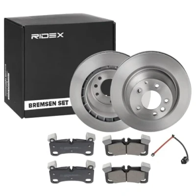 Abbildung von RIDEX 3405B0406 Bremsscheiben und beläge Hinterachse Belüftet mit Anti Quietsch Blech VOLKSWAGEN: Touareg I, PORSCHE: Cayenne, AUDI: Q7