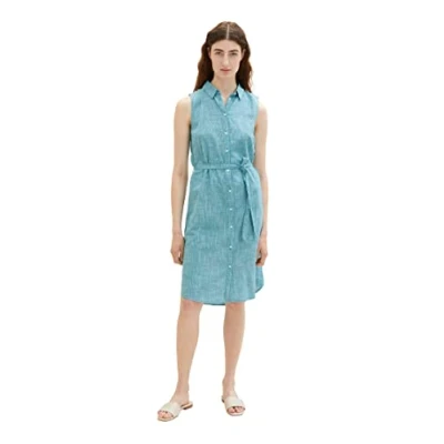 Abbildung von TOM TAILOR Damen 1036806 Blusenkleid mit Streifen &amp; Gürtel, 31668 Petrol Green, 34