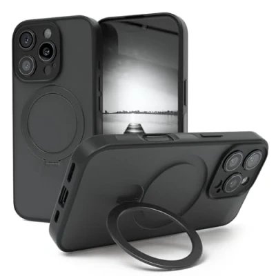 Abbildung von EAZY CASE Qi Charging Handyhülle für iPhone 16 Pro Hülle mit Ständer Matte Schutzhülle Ultra Aufprallschutz Stoßfest und Kratzfest 360 Ring zum Aufstellen Cover Schwarz