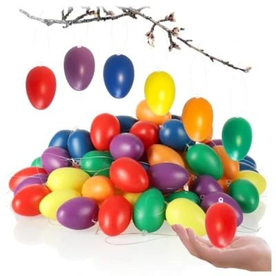 Abbildung von com four® 60x Ostereier zum Aufhängen Osterdeko in schönen leuchtenden Farben Hänge Deko für den Osterstrauß Größe: 6 cm