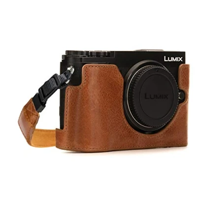 Abbildung von MegaGear MG1443 Panasonic Lumix DC GX9 Ever Ready Echtleder Kamera Halbtasche mit Trageriemen Hellbraun