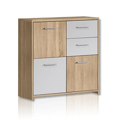 Abbildung von FORTE Quadro Kommode mit 3 Türen und 2 Schubladen, Holzwerkstoff, Sonoma Eiche / Weiß, 77.2 x 29.6 77.5 cm
