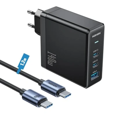 Abbildung von NOHON Ladegerät USB C Schnellladegerät: 140 W PD 3.0 GaN Netzteil mit Kabel Typ Schnellladung 1,2 M 3 Ports kompatibel iPhone 12 13 14 15 MacBook iPad Laptop Samsung Galaxy S