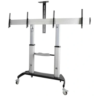 Abbildung von StarTech.com Dual TV Cart for 37 60in VESA TVs up to 110lb/50kg Each Height Adjustable Mount, Mobile Display w/Equipment Shelves Rolling on Wheels Stand (STNDMTVDUO)