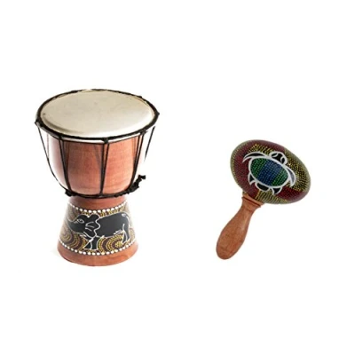 Abbildung von 40cm Anfänger Djembe Trommel Bongo Drum Holz Bunt Elefant + Rassel Schildkröte R1