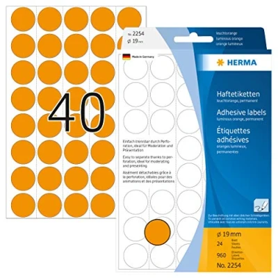 Abbildung von HERMA 2254 Punktaufkleber Klebepunkte perforiert leuchtorange, 960 Stück, Ø 19 mm, 40 pro Bogen, selbstklebend, Markierungspunkte für Kalender Planer, matt, Papier Farbpunkte Aufkleber