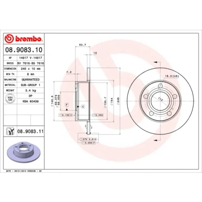 Abbildung von BREMBO COATED DISC LINE 08.9083.11 Bremsscheibe 245 10 5 voll beschichtet AUDI: A6 C5 Avant, Limousine