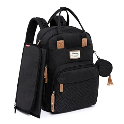 Abbildung von RUVALINO Baby Wickelrucksack Wickeltasche Rucksack mit tragbarer Wickelauflage, Schnullerhalter und Kinderwagengurten, Babytasche Multifunktional für Mama Papa, Schwarz