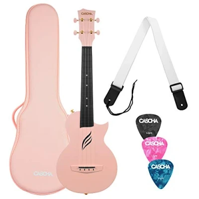 Abbildung von CASCHA Konzert Ukulele Set aus Kohlefaser I Carbon Starter Kit mit 3 Plektren Tasche Gurt Fluorcarbon Saiten Kleine Hawaii Gitarre für Anfänger Fortgeschrittene Rosa/Pink