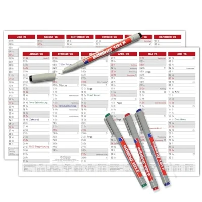 Abbildung von TOBJA abwischbarer Wandkalender 2025 A4 &quot;Bunter&quot; Jahresplaner abwischbar, inkl. 4 Stifte. Tafelkalender 2025, Robuster Kalender