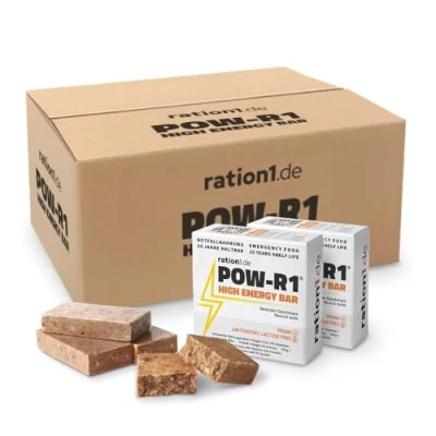Abbildung von ration1 High Energy Bar, 48x POW R1® Energieriegel 250g, 4 einzeln verpackte Energie Riegel je Packung, Notfallnahrung lange haltbar, Trekking Essen, Überlebenspaket 20 Jahre Outdoor, Wandern